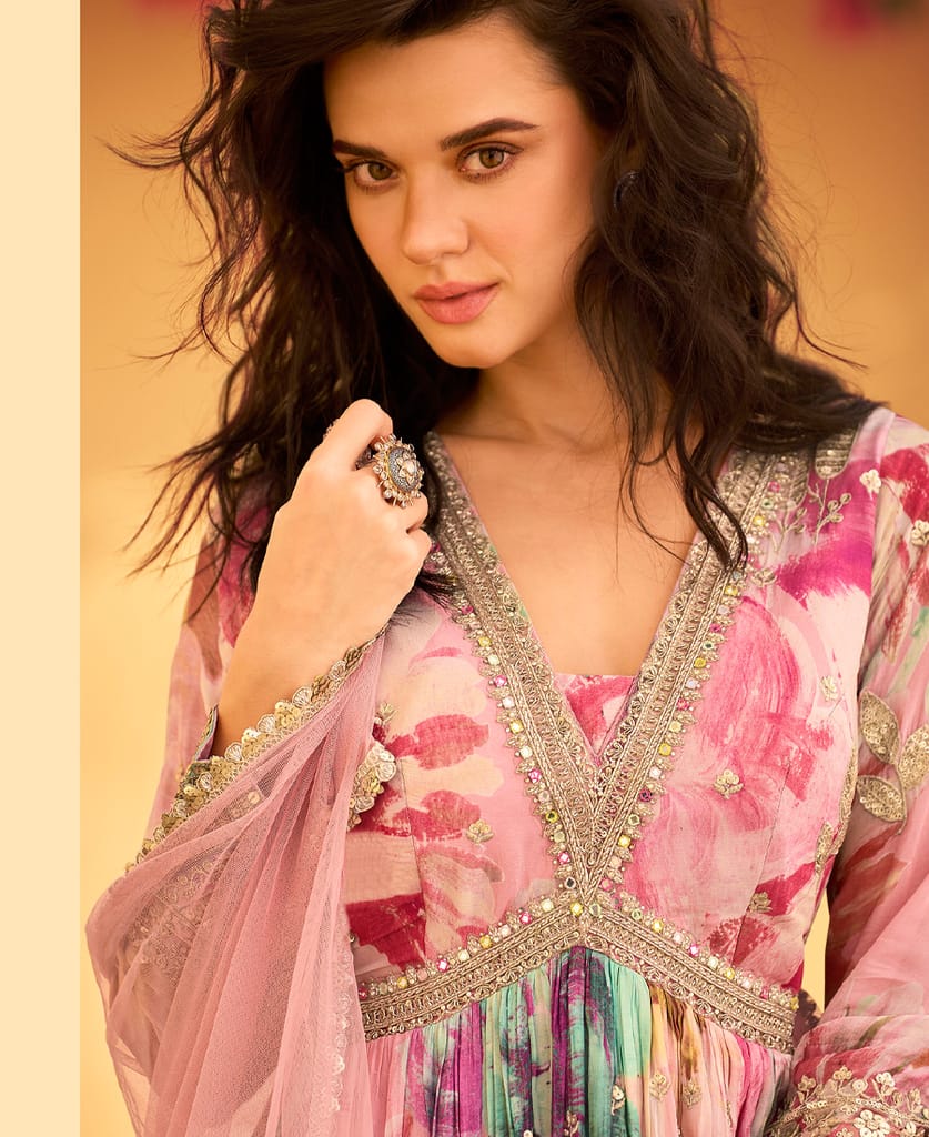 pink floral printed chinon anarkali for women