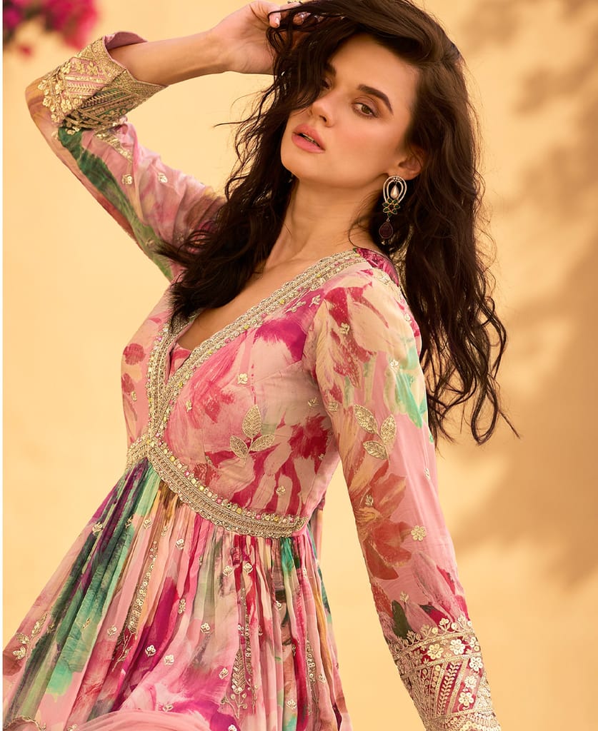 pink floral printed chinon anarkali for women