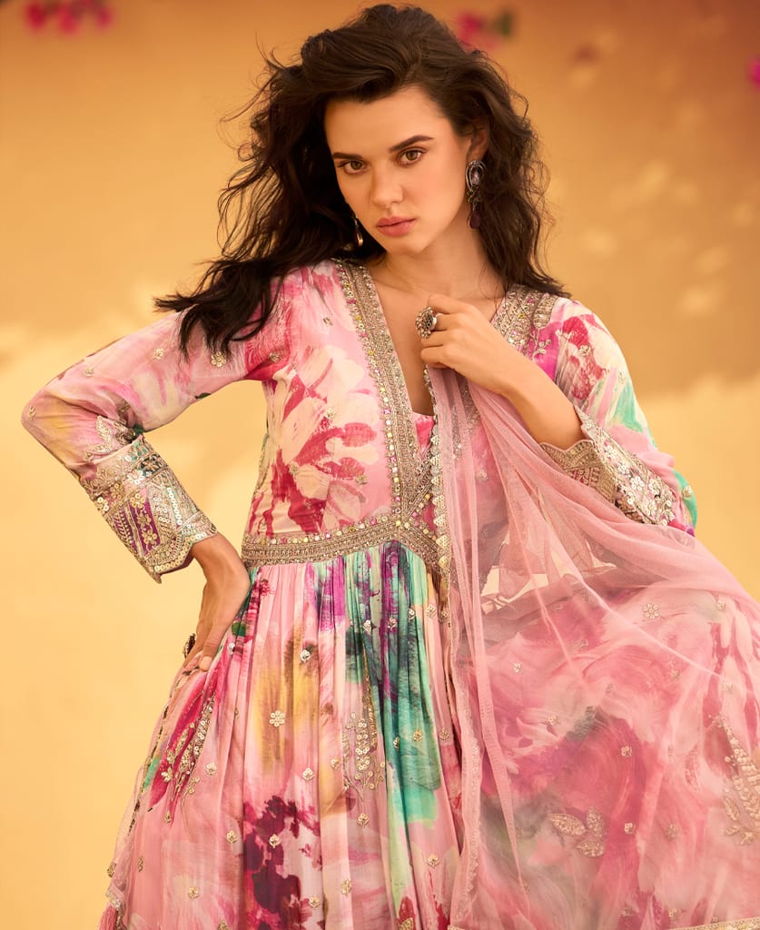 pink floral printed chinon anarkali for women