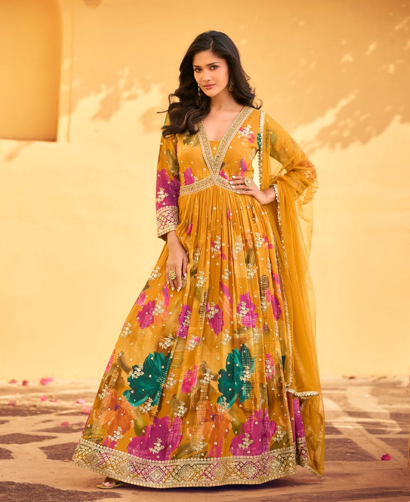 yellow floral printed chinon anarkali for women