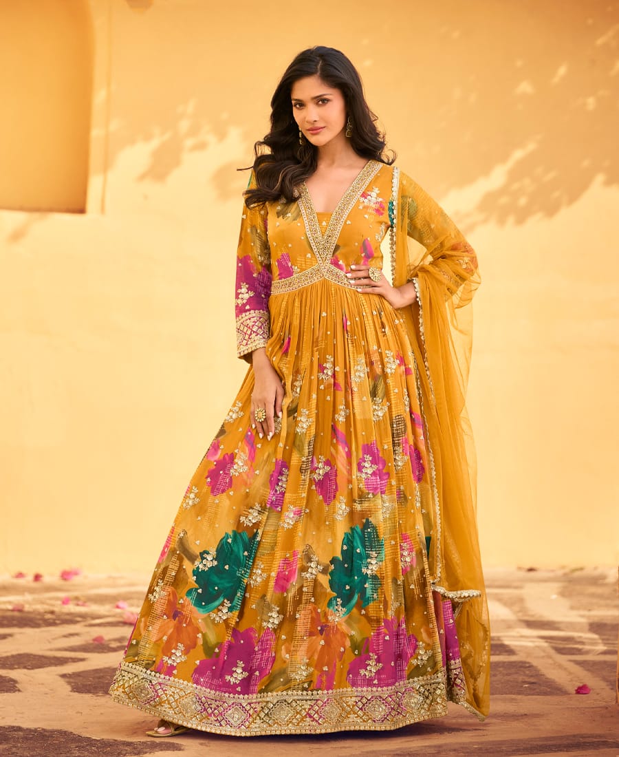 yellow floral printed chinon anarkali for women