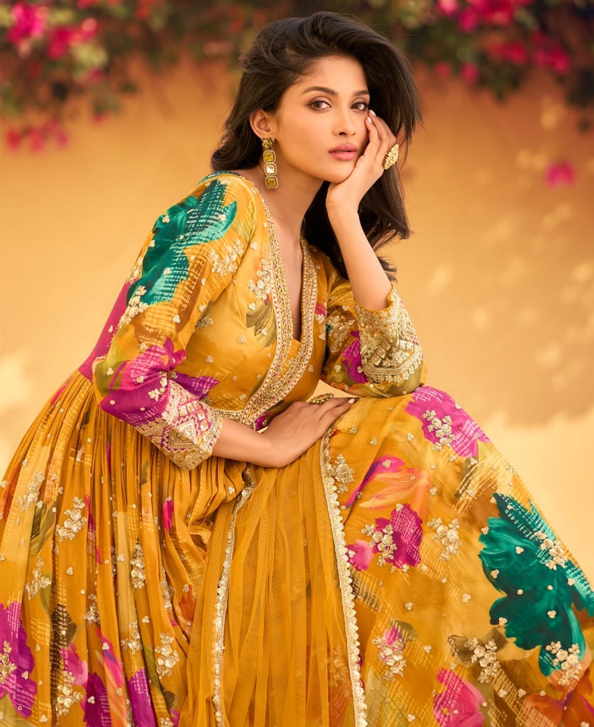 yellow floral printed chinon anarkali for women