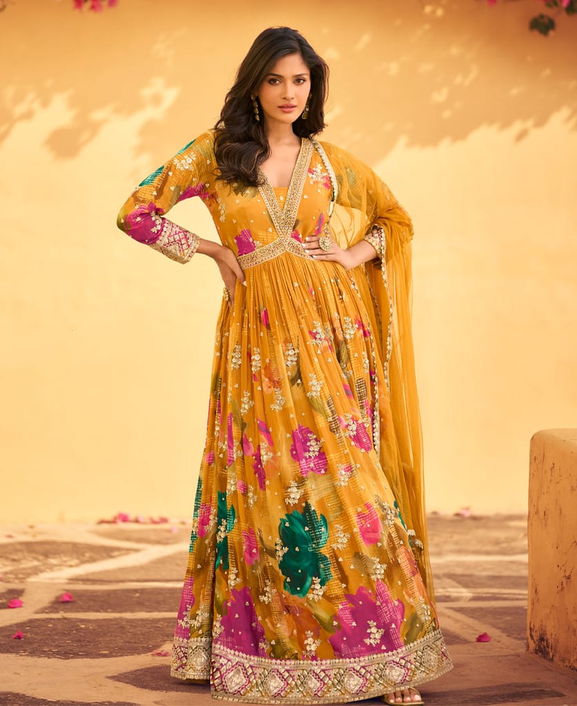 yellow floral printed chinon anarkali for women