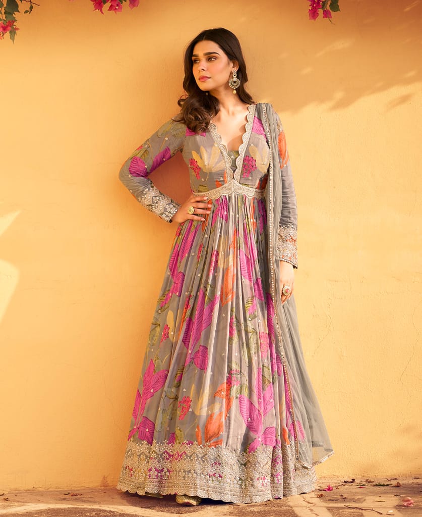 grey floral printed chinon anarkali for women