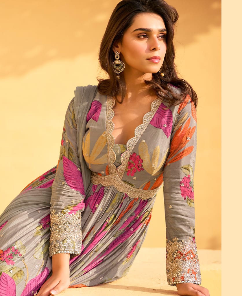 grey floral printed chinon anarkali for women
