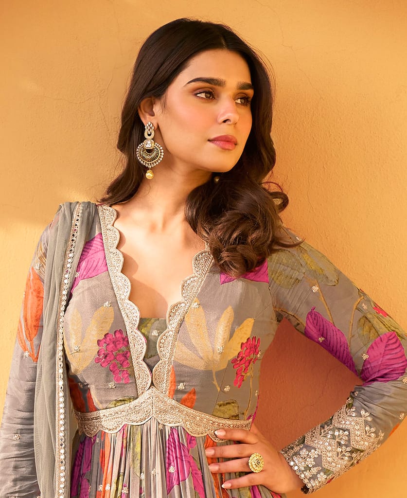 grey floral printed chinon anarkali for women