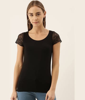Zebu Women Viscose Embroidered Slim Fit Round Neck T-Shirt ( Black )