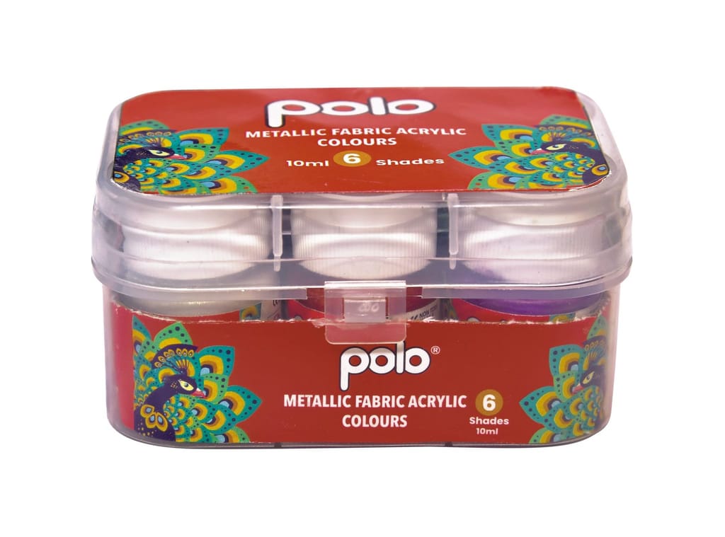polo Metallic Fabric Acrylic Paint Set 6 Vibrant Colors (10ml) Non-Toxic, Quick-Drying Fabric & Textile Paint for Clothing, Canvas & Crafts Washable, Long-Lasting Includes Plastic Storage Box