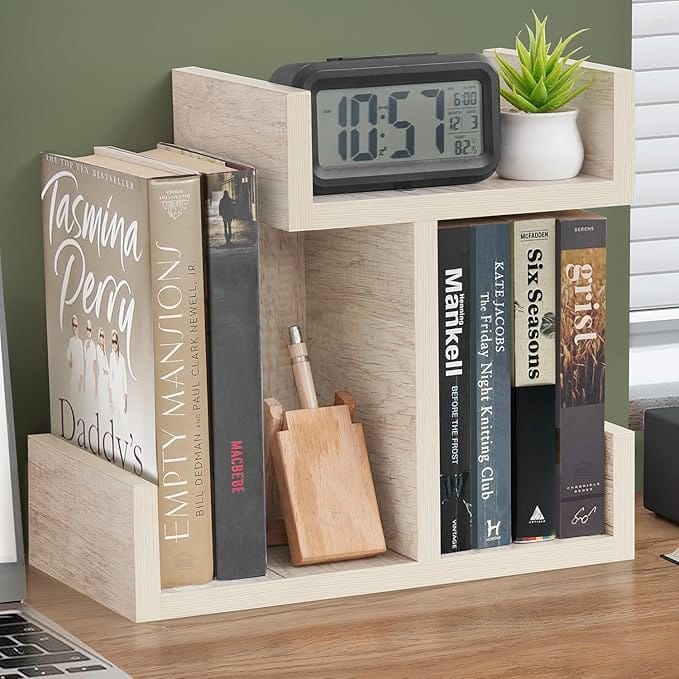 Table Top Bookshelf - Countertop Bookcase with 3 Shelves, DIY Engineered Wood Multipurpose Storage Organizer Table Shelf Book Rack for Home Study Room (L 33 x B 17 x H 30 cm - Beige