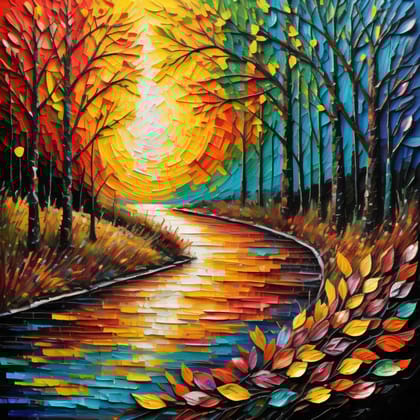 AUTUMN FOREST RIVER PAINTING 24in X 24in WITH BLACK FRAME