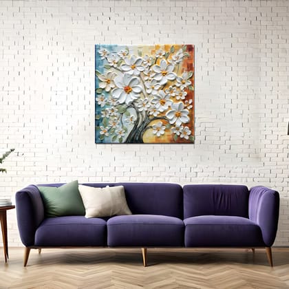 TEXTURED WHITE FLORAL TREE PAINTINGS 24in X 24in WITH BLACK FRAME