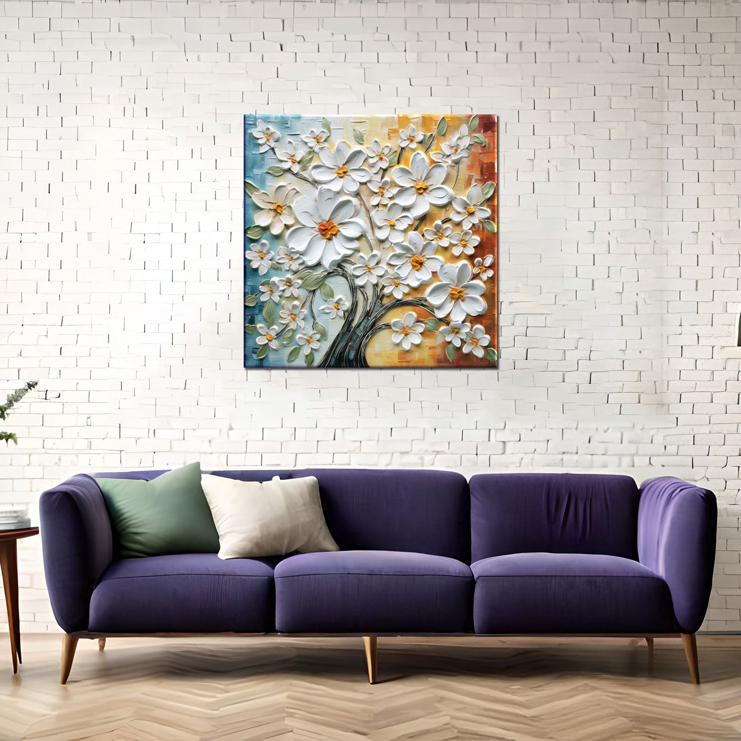 TEXTURED WHITE FLORAL TREE PAINTINGS 24in X 24in WITH BLACK FRAME