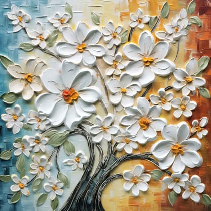 TEXTURED WHITE FLORAL TREE PAINTINGS 24in X 24in WITH BLACK FRAME