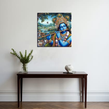 KRISHNA PLAYING FLUTE 24in X 24in WITH BLACK FRAME