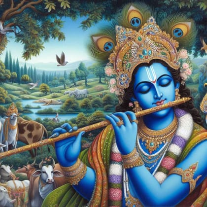 KRISHNA PLAYING FLUTE 24in X 24in WITH BLACK FRAME