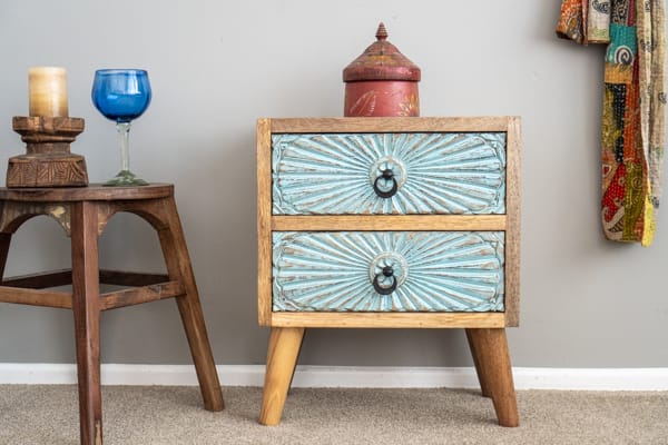 Hand-Carved Bedside Table with 2 Storage Drawers – Boho Finish