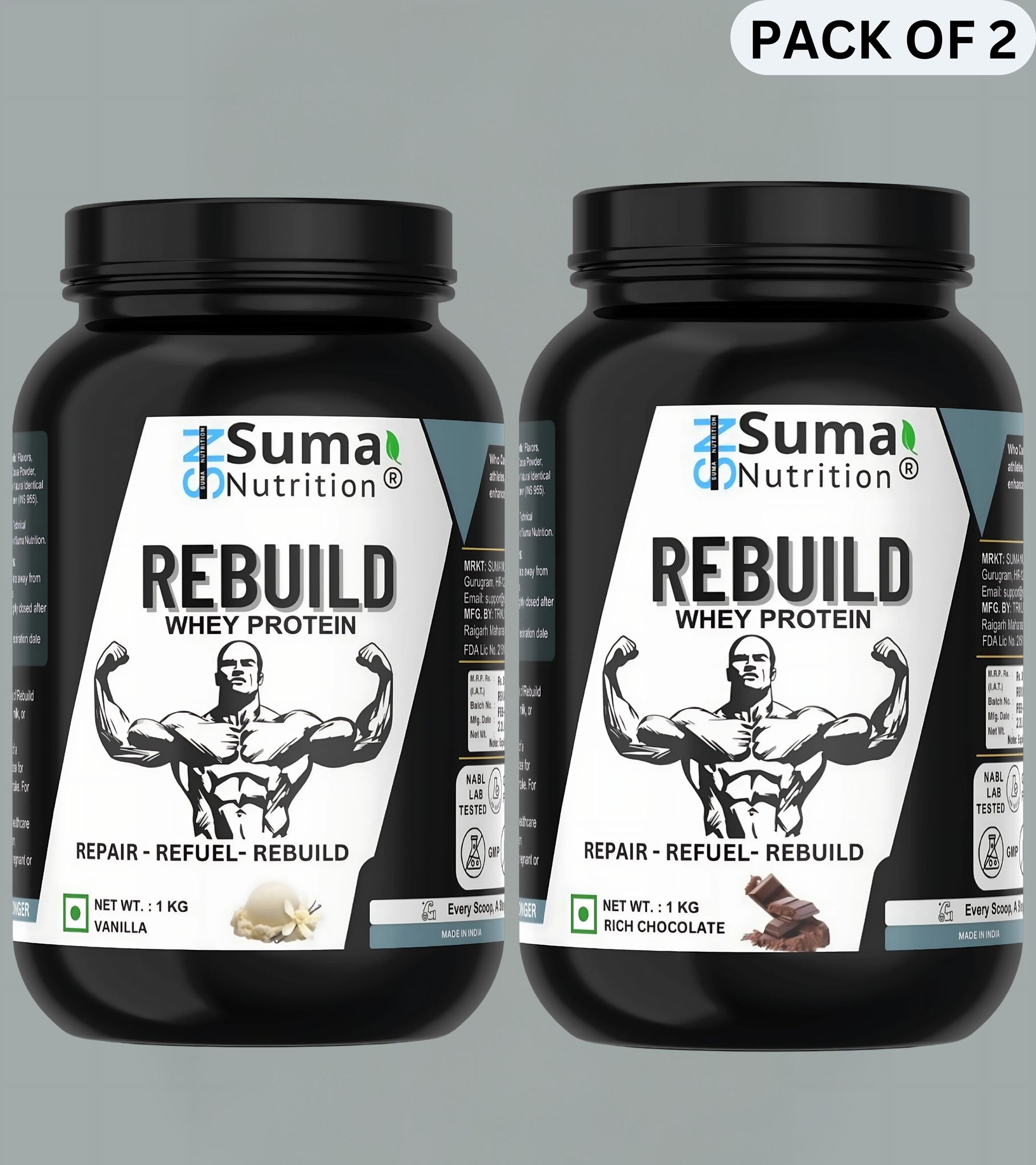 Rebuild Whey Protein Powder – 1/ 2-kg (Rich Chocolate / Vanilla) 35g Serving | Easy Digestive | Gluten free Protein