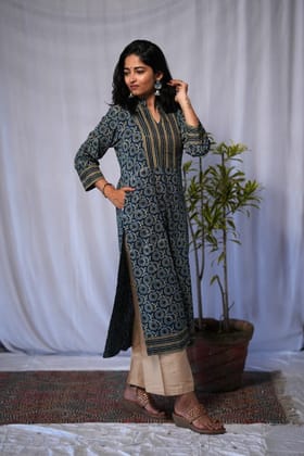 Rivaaj Ethnic Eshana Kurta (Size M) | Blue Cotton Ajrakh Print | Mandarin Collar | Straight Fit | 3/4th Sleeves