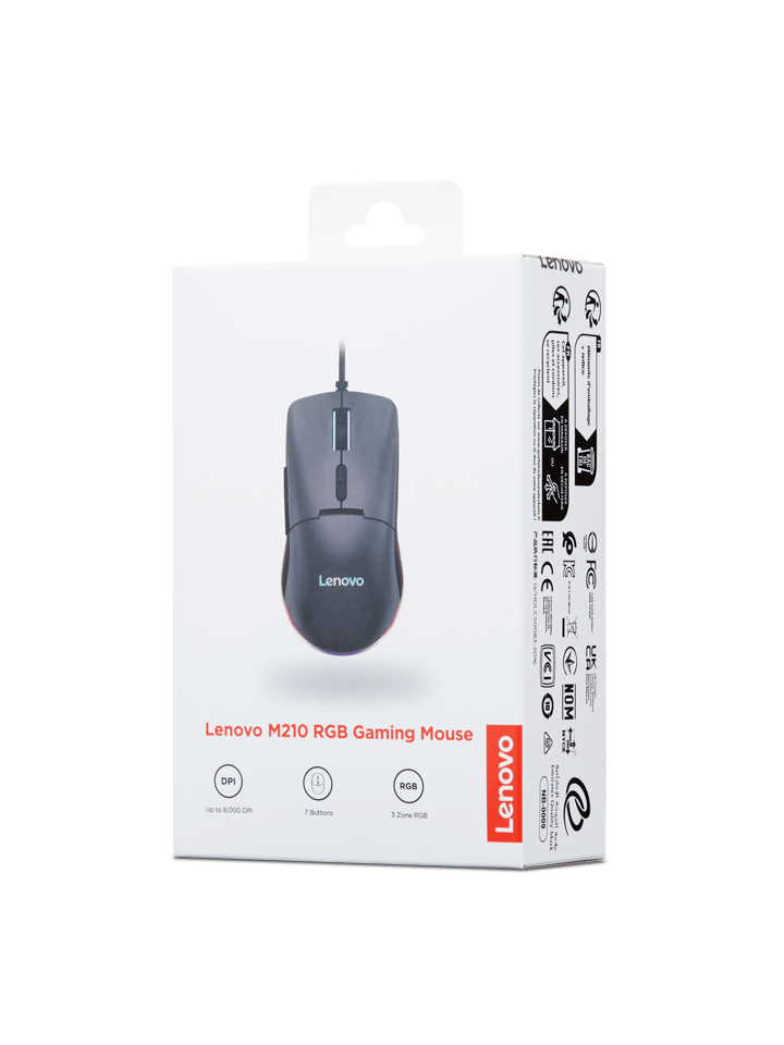 Lenovo M210 RGB Gaming Wired USB Mouse, Ambidextrous, 7-Buttons, 8000 DPI with 4 Levels DPI Switch, 3-Zone RGB Backlight, 3Year Warranty, (GY51M74265)
