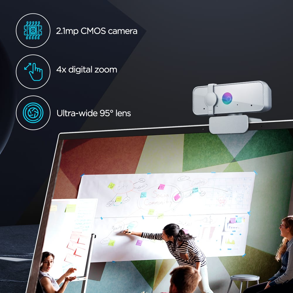 Lenovo 300 FHD Webcam with Full Stereo Dual Built-in mics | FHD 1080P 2.1 Megapixel CMOS Camera |Ultra-Wide 95° Lens, 4X Digital Zoom | 360 Rotation | Flexible Mount | Cloud Grey