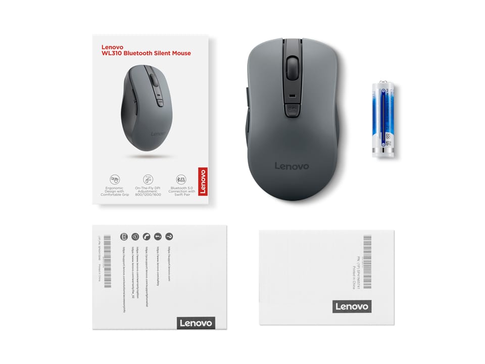 Lenovo WL310 Bluetooth Silent Mouse, Bluetooth 5.0, Upto 3million Button clicks, 1600 DPI, 6 Buttons (Left Click, Right Click, Scroll Click, DPI, 2 x Side Buttons), DPI LED Indicator, Grey