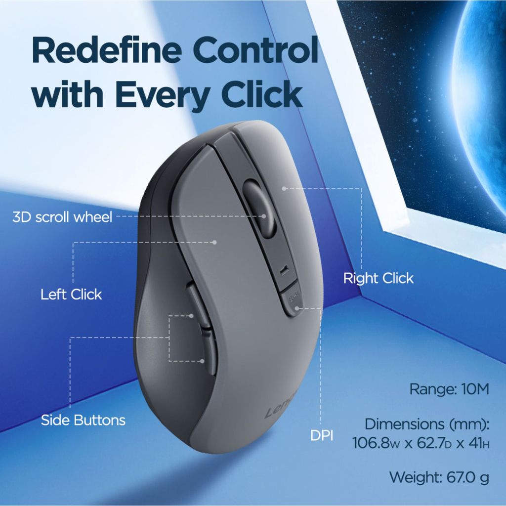 Lenovo WL310 Bluetooth Silent Mouse, Bluetooth 5.0, Upto 3million Button clicks, 1600 DPI, 6 Buttons (Left Click, Right Click, Scroll Click, DPI, 2 x Side Buttons), DPI LED Indicator, Grey