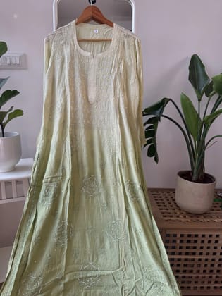 Muslin Chikankari Kurti with Pearl  Work -  Green Ombre-Green Ombre / Viscose / 4XL