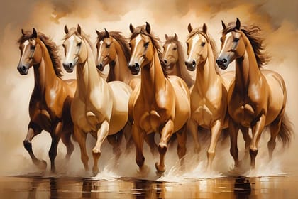 PAINTING OF SEVEN STALLIONS OF STRENGTH 24in X 16in WITH BLACK FRAME