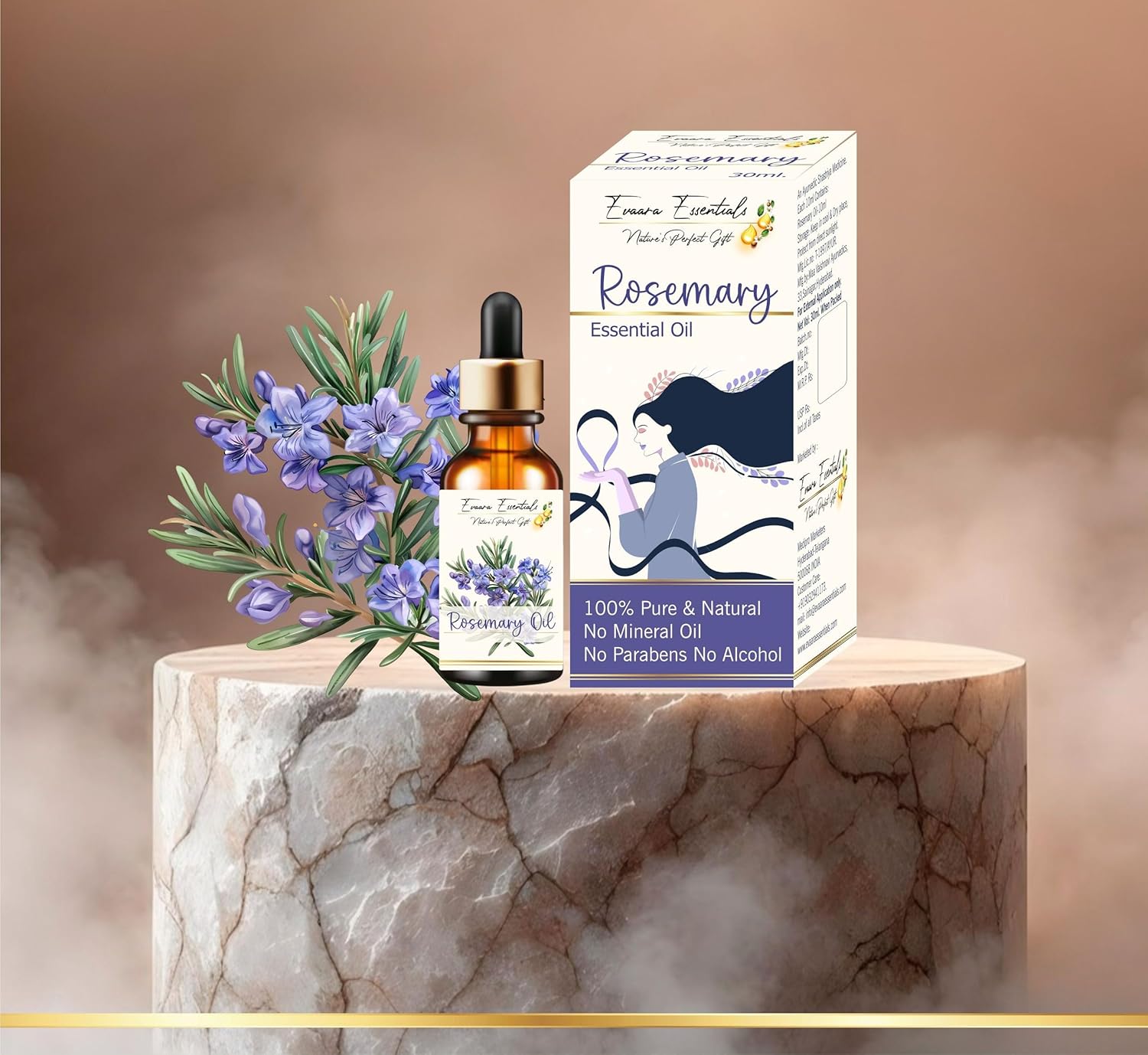 Evaara Essentials | Rosemary Essential Oil, 100% Pure and Natural, 30ml, No Parabens