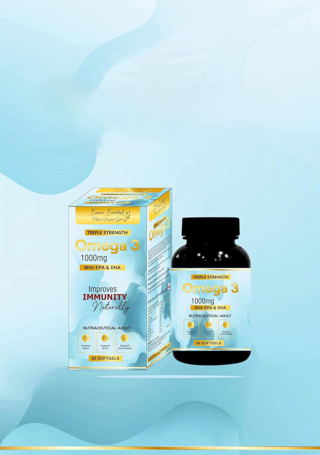 Triple Strength Omega 3 Fish Oil Supplement, 1000mg with EPA & DHA, 60 Softgels, Immunity Support