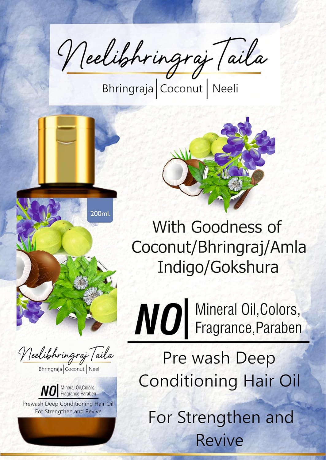 Neelibhringraj Taila Natural Hair Oil with Bhringraj, Coconut and Neeli, Paraben-Free Pre-wash Deep Conditioner, 200ml