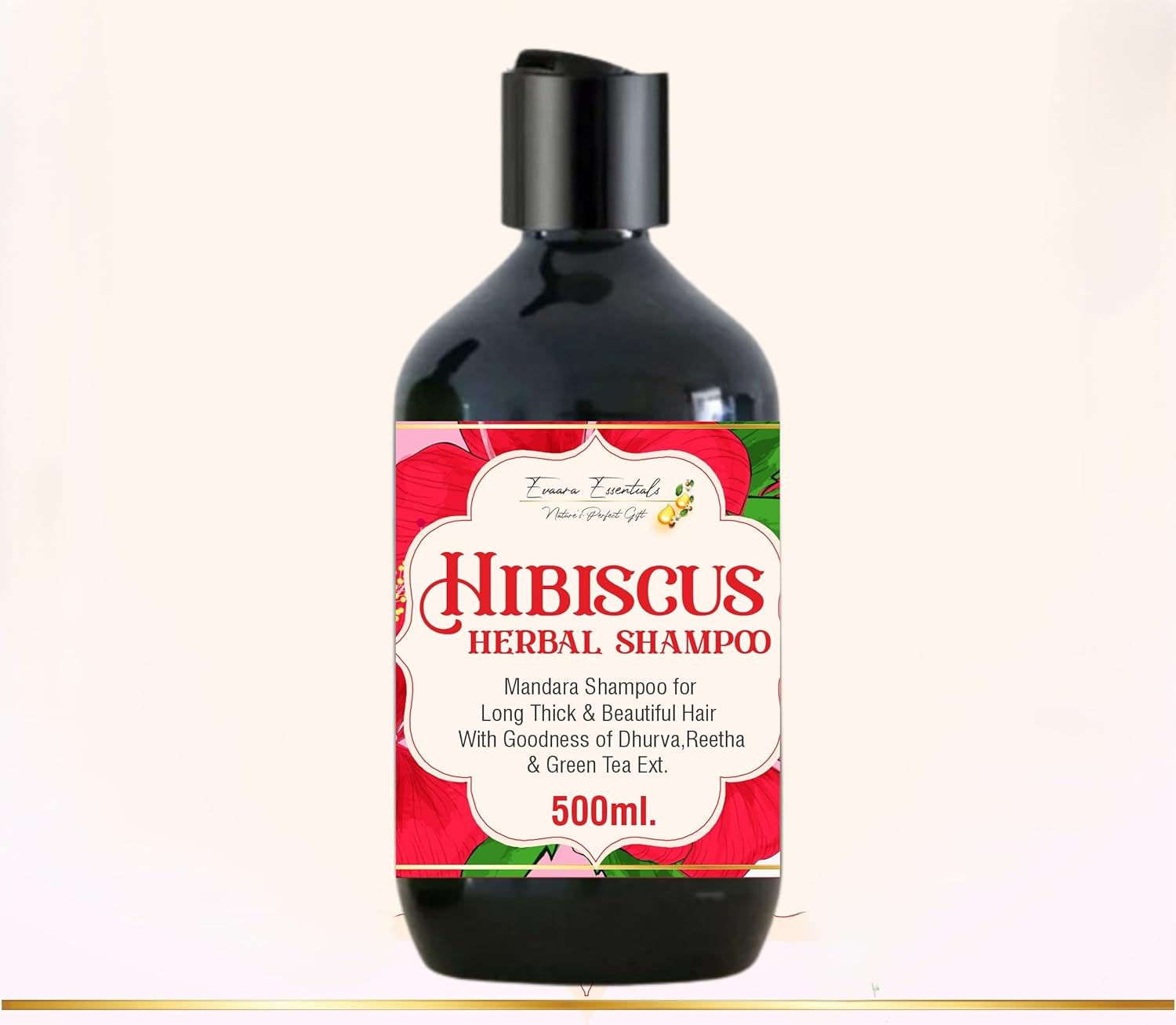 Evaara Essentials Hibiscus Herbal Shampoo, 500ml, Mandara Formula with Green Tea Extract for Long Thick Hair