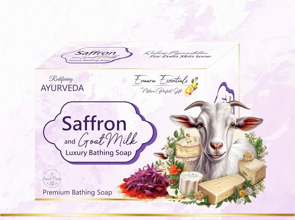 Saffron and Goat Milk Luxury Bathing Soap, Ayurvedic Premium Soap, Evaara Essentials, 100 gm bar each | Pack of 2