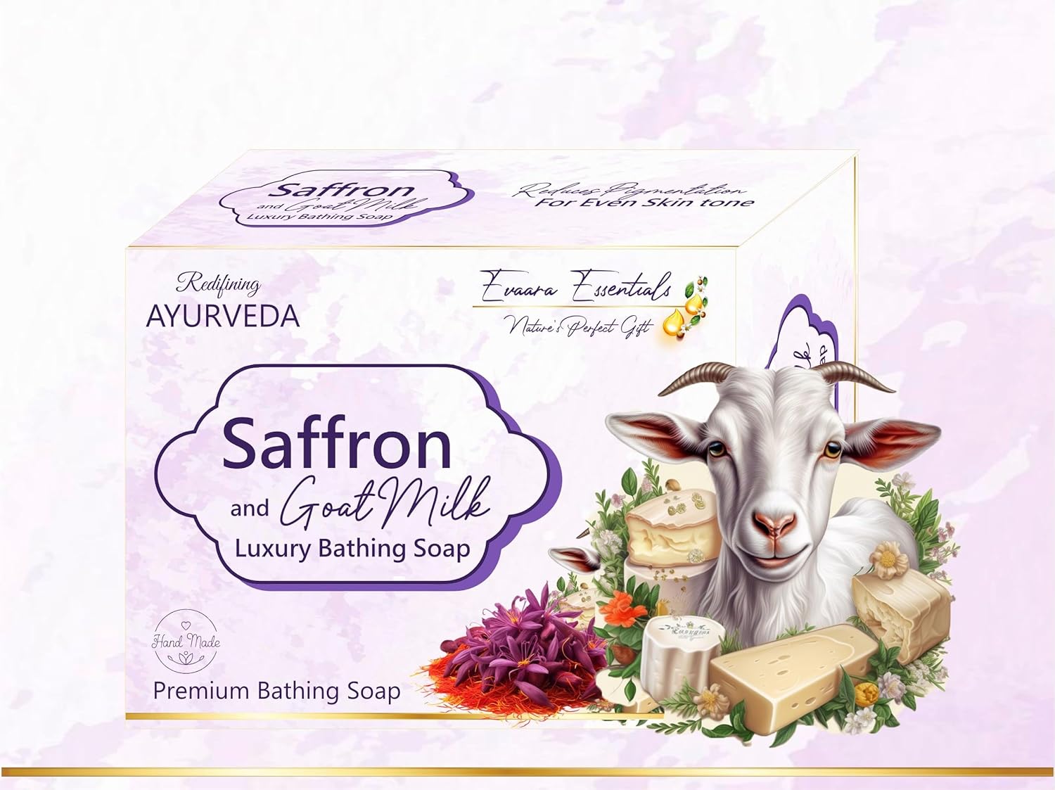 Saffron and Goat Milk Luxury Bathing Soap, Ayurvedic Premium Soap, Evaara Essentials, 100 gm bar each | Pack of 2