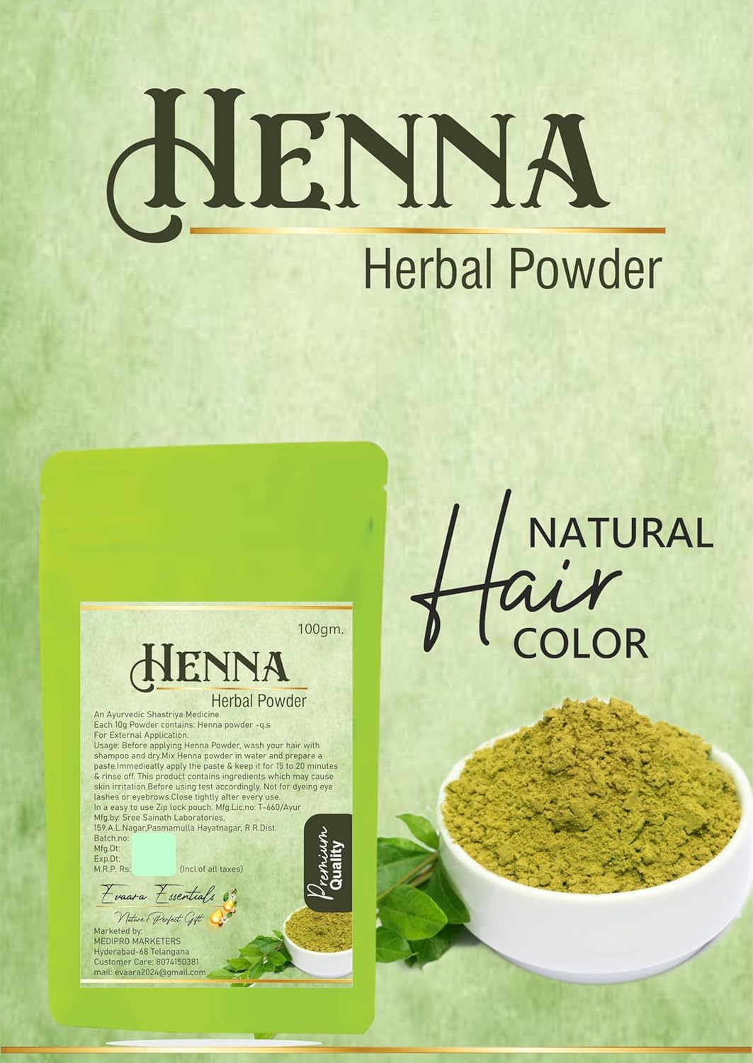 Henna Herbal Powder for Hair, Natural Ayurvedic Treatment, 100g, Green