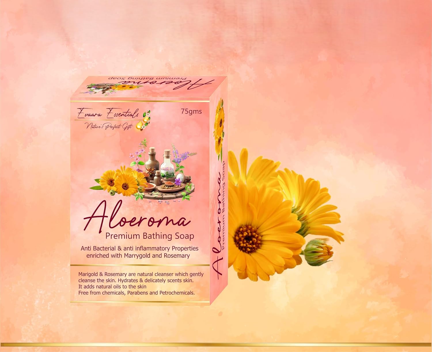 Aloeroma Premium Bathing Soap with Marigold and Rosemary, Natural Cleanser, Chemical-Free, 75g each | Pack of 3