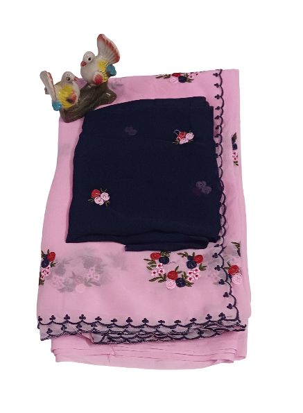Floral Embroidered Pink Saree with Navy Blue Blouse