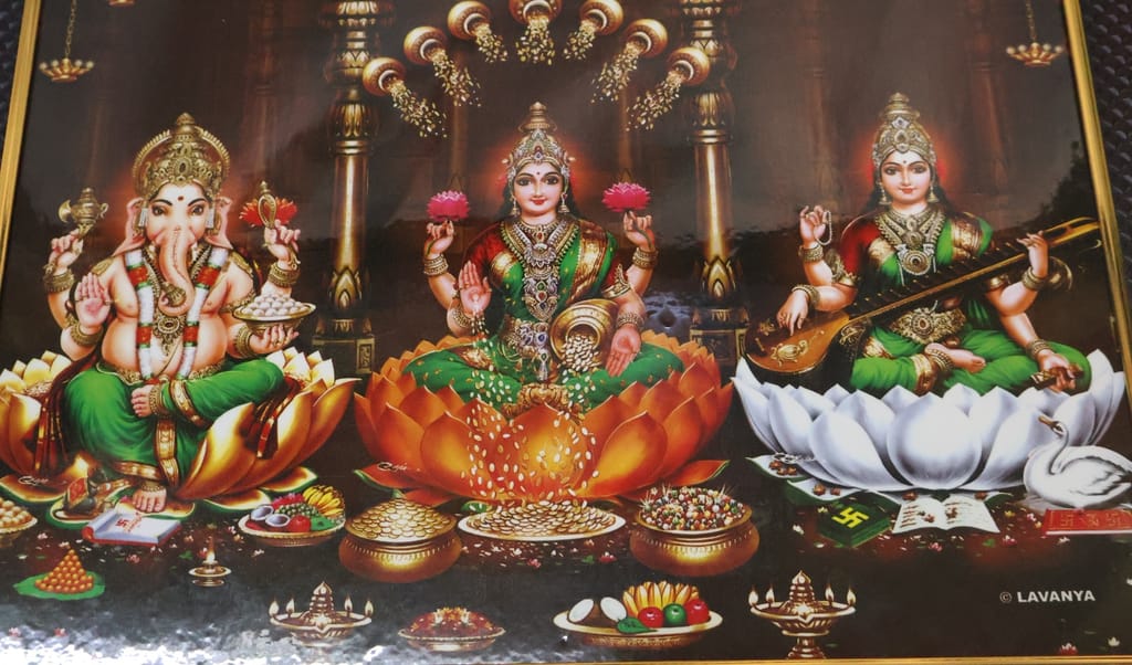 Hindu Trinity Gods Ganesha, Lakshmi, Saraswati Framed Print - Pooja Needs | Buy online on ZillyBuy