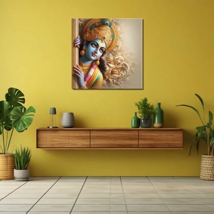 DIVINE LORD KRISHNA WALL DECOR ART 24in X 24in X WITH BLACK FRAME