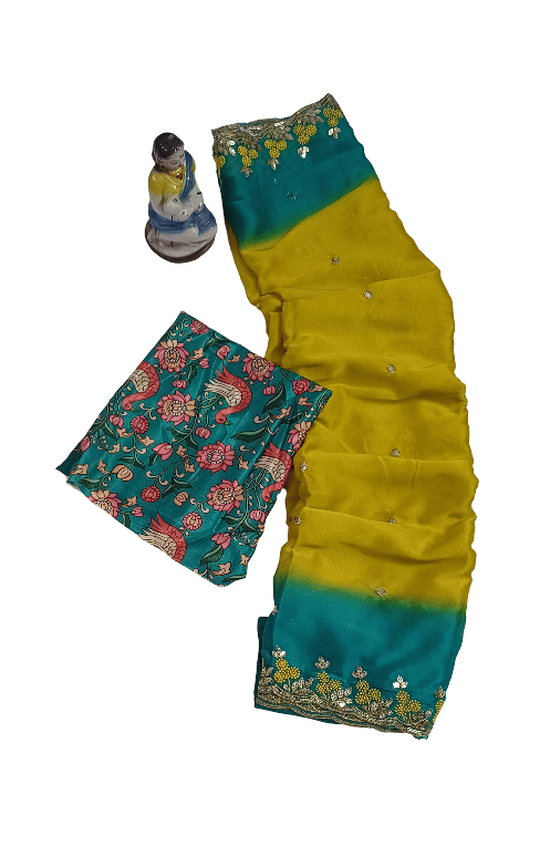 Ombre Yellow & Teal Saree with Embroidered Border & Floral Blouse