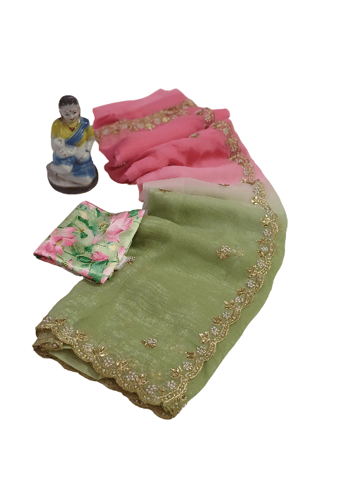 Elegant Green & Pink Embroidered Saree with Floral Blouse