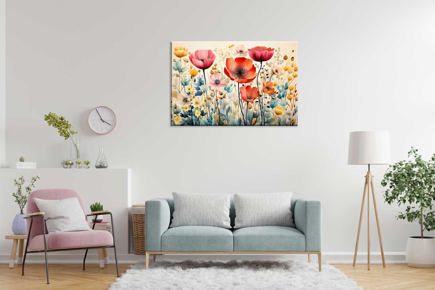 WATERCOLOUR POPPY FLOWERS FIELDS 24in X 16in WITH BLACK FRAME