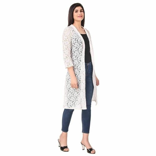 Women's White MH Coat Style Shrugs Formal Wear Cotton Net Shrug For Women & Girls Both.