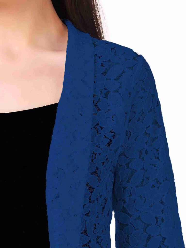 Long Sleeve Blue Shrug Formal Wear Cotton Net Shrug For Women & Girls Both.