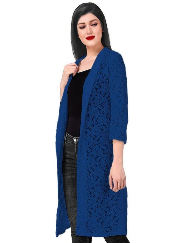 Long Sleeve Blue Shrug Formal Wear Cotton Net Shrug For Women & Girls Both.