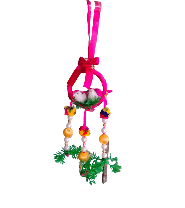 Pink Birdcage Hanging Ornament with Pearl Beads & Birds