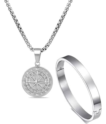 Fashion Frill Silver Chain For Men Stainless Steel Compass Roman Silver Chain Pendant With Silver Bracelet For Men Boys Jewellery Combo