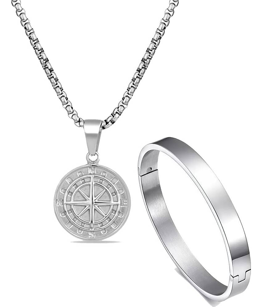Fashion Frill Silver Chain For Men Stainless Steel Compass Roman Silver Chain Pendant With Silver Bracelet For Men Boys Jewellery Combo