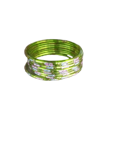 Treditional Green Glass Bangles of white stones set of 12
