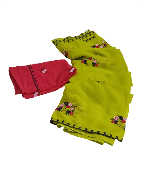 Lime Green Saree with Floral Embroidery & Matching Blouse